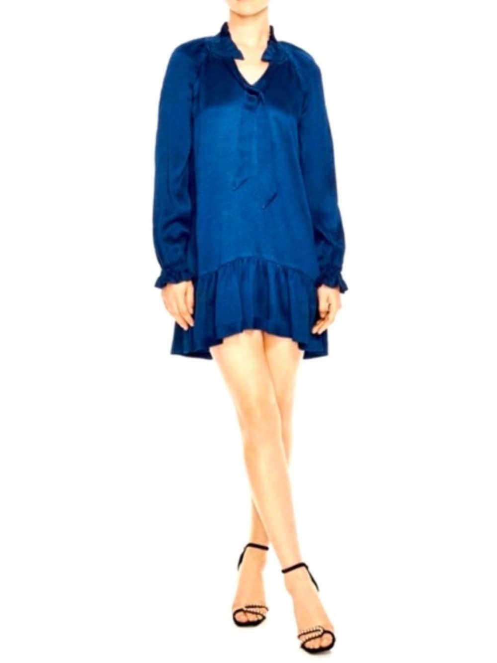 Sandro Paris Blue Silk-Blend Ruffle Tie-Neck Mini Dress - Size 40 Fits US M/8